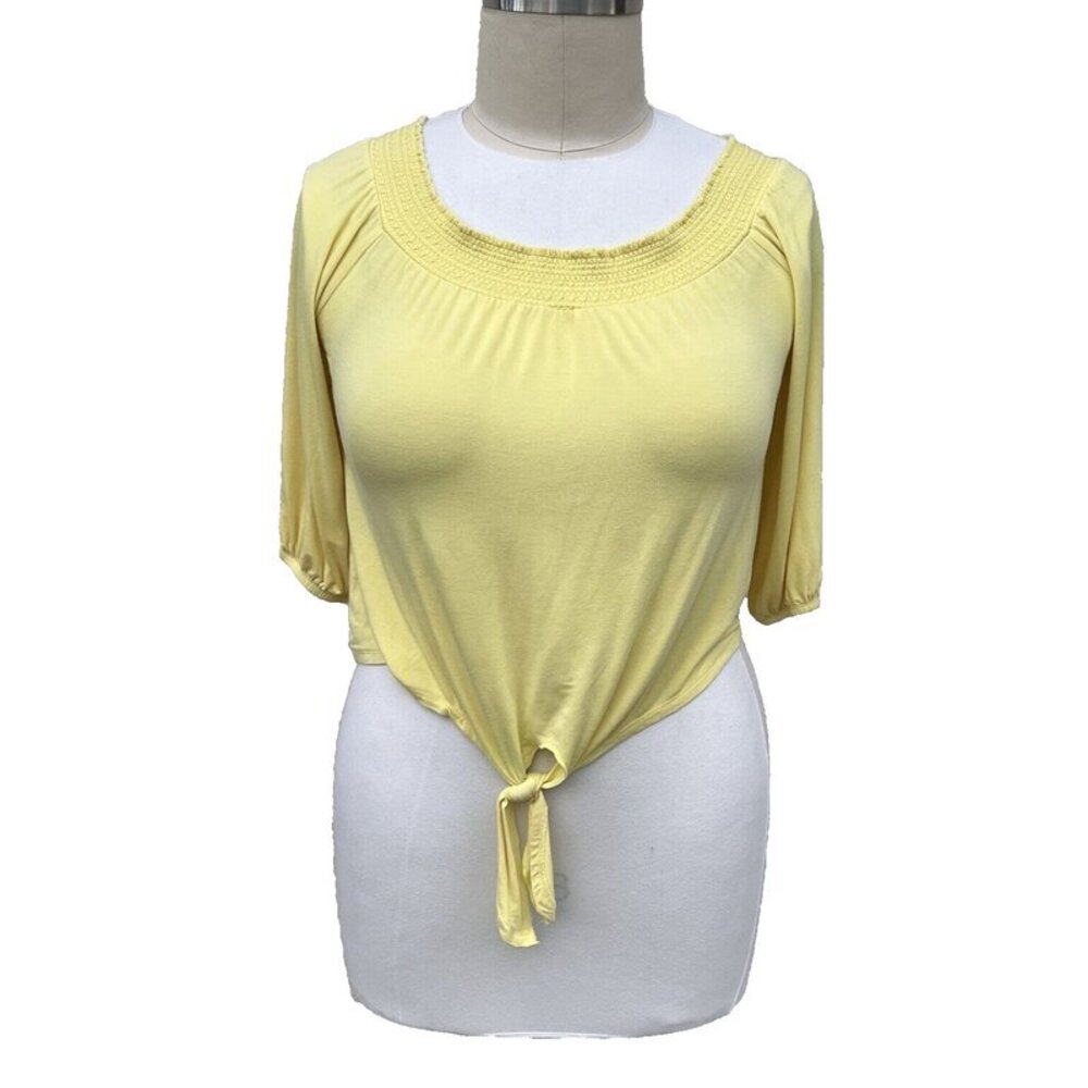 Allison Brittany - Women's Yellow Tie Front Gathered Neck Peasant Top M